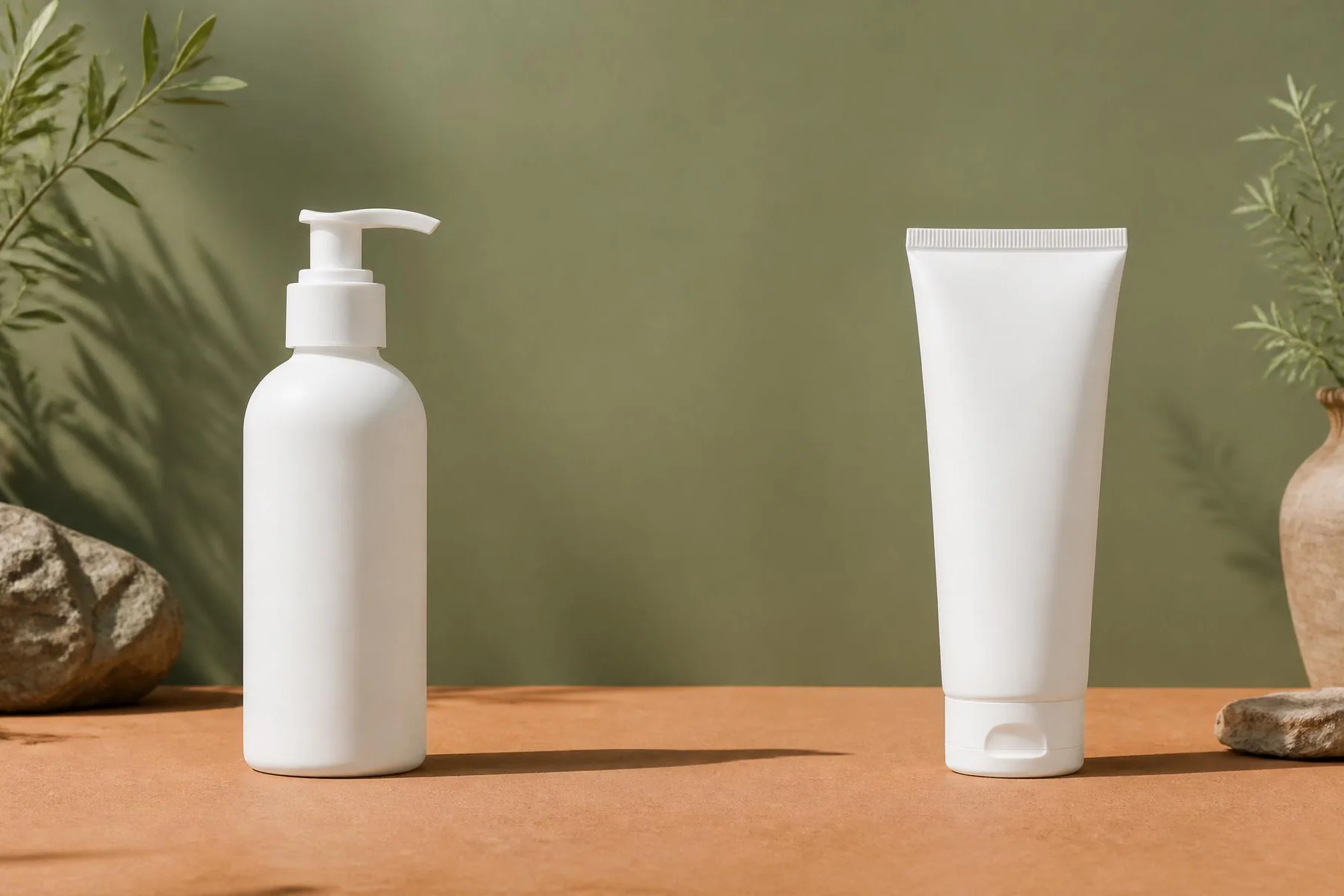 Pairs of plain unlabeled white skincare bottles and jars arranged facing each other on cream linen