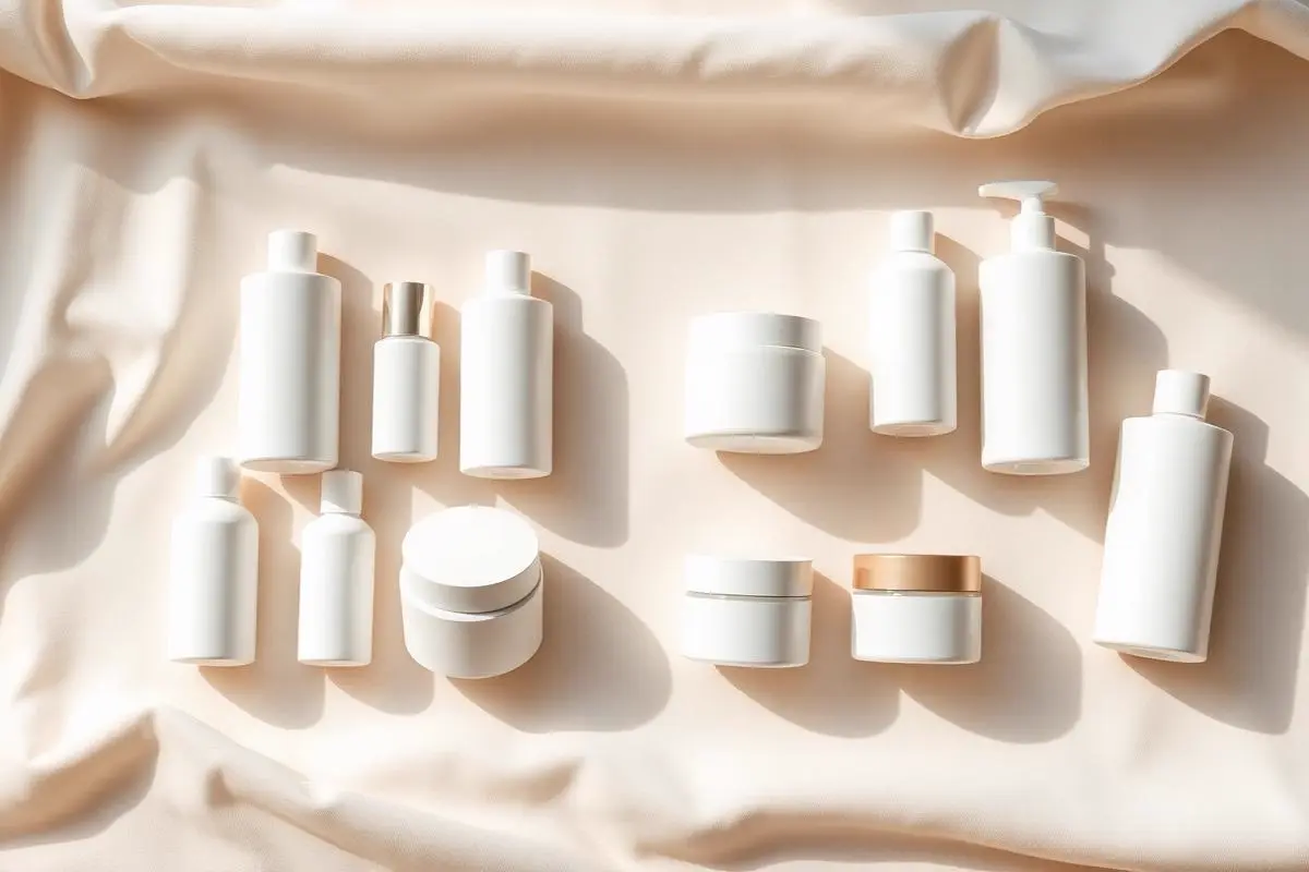 Pairs of plain unlabelled white skincare bottles and jars arranged facing each other on cream linen