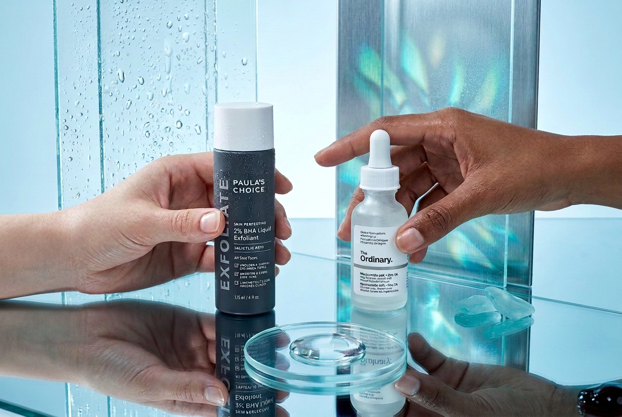 Two hands compare Paula’s Choice BHA and The Ordinary niacinamide over wet glass and ice chrome
