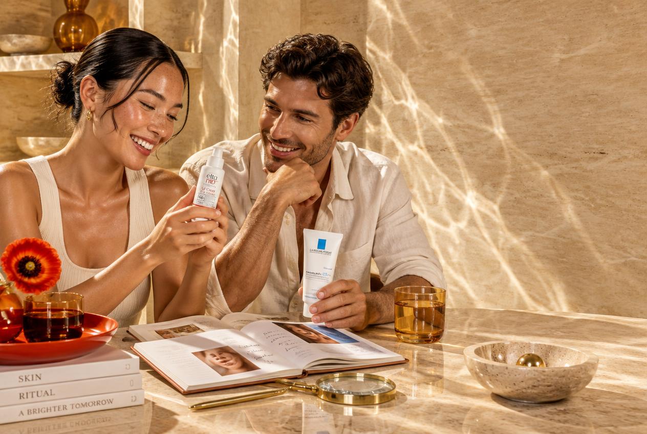 Two friends compare EltaMD sunscreen and La Roche-Posay balm at a sunlit skincare editorial table