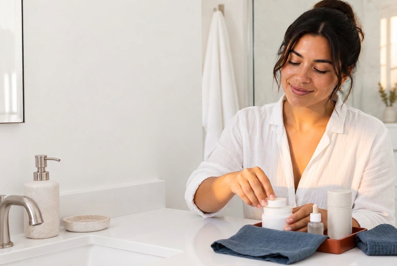 A woman tidies her skincare into a small orange organizer beside a blue hand towel in a bright white bathroom