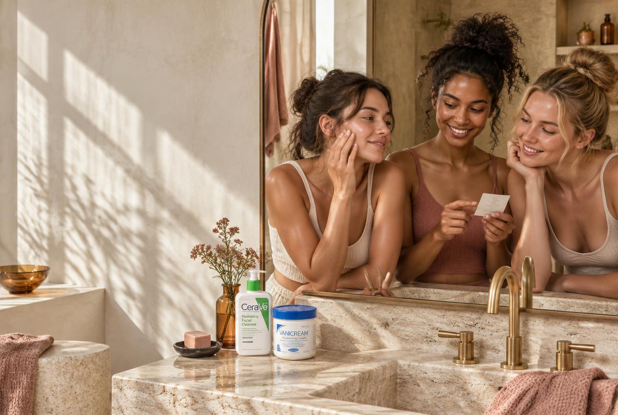 Three friends compare how their skin feels beside CeraVe cleanser and Vanicream moisturizer on a sunlit wet vanity