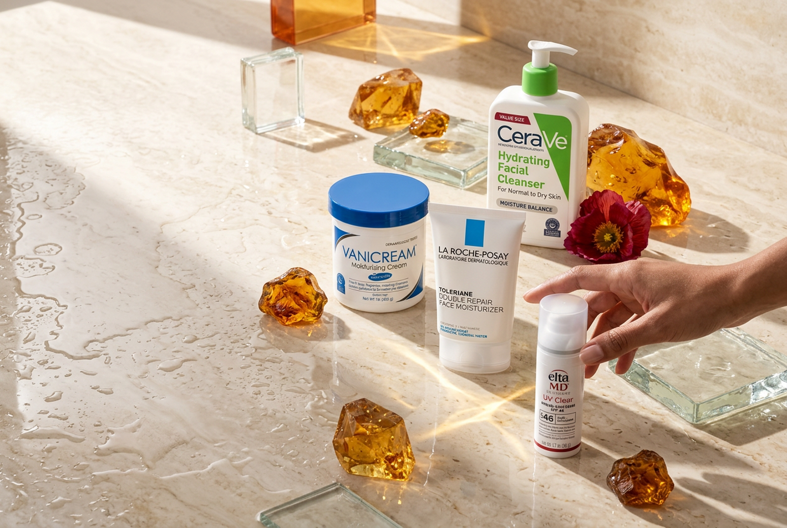 La Roche-Posay, EltaMD, CeraVe and Vanicream arranged on a wet sunlit mineral vanity as a hand reaches for sunscreen