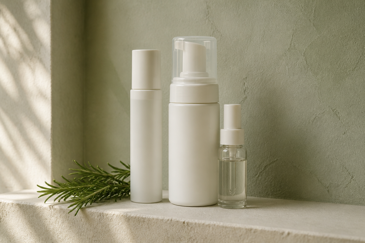 Foaming cleanser and spot treatment on a pale stone ledge with a rosemary sprig against a soft sage wall, for a skincare routine for acne