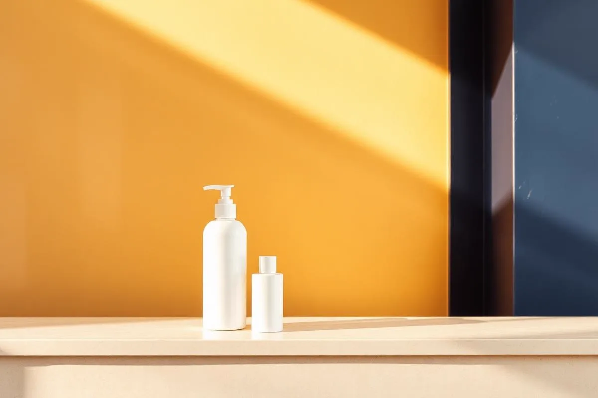 Morning products in soft sand daylight beside evening products against a deep sage wall, showing the AM versus PM routine