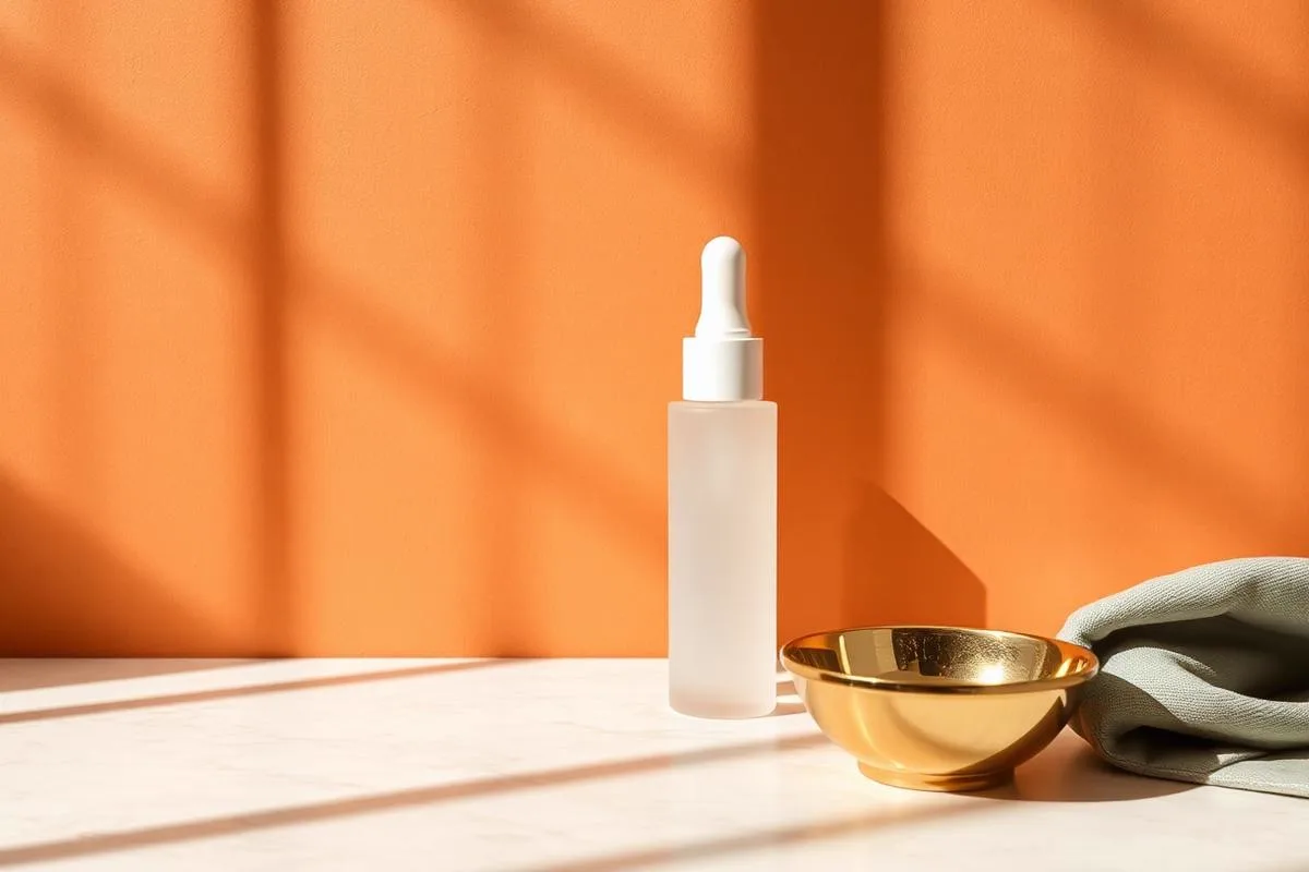 Amber retinol dropper and a cream jar on warm oat stone against a muted clay wall, for an anti-aging skincare routine