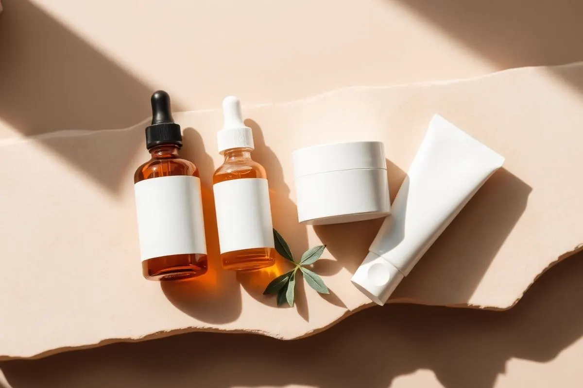 Retinol dropper bottle, vitamin C serum, ceramide cream, and sunscreen for an anti-aging skincare routine