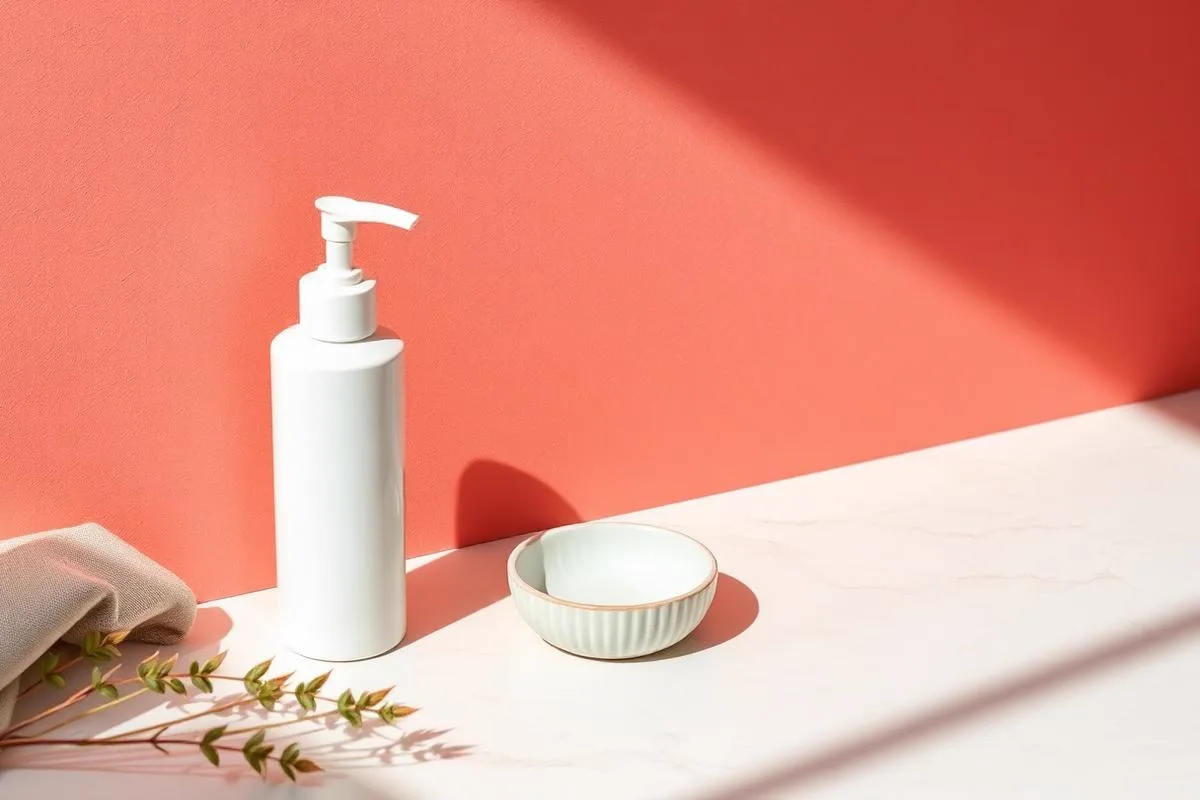 Cleanser, moisturizer and sunscreen in a row on cream linen against a soft sage wall with eucalyptus — a beginner routine