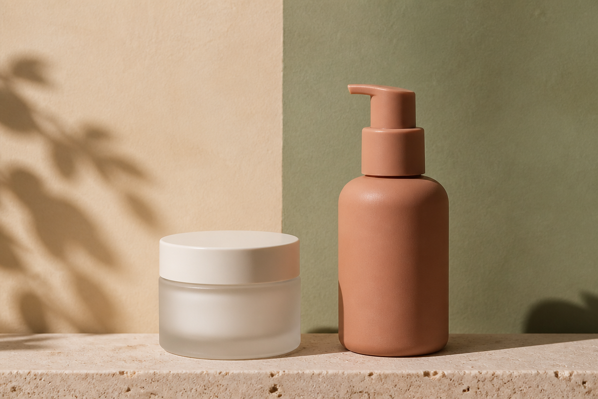 Frosted gel-cream jar and exfoliant on a pale stone ledge against a split sand and soft sage wall for a combination skin routine