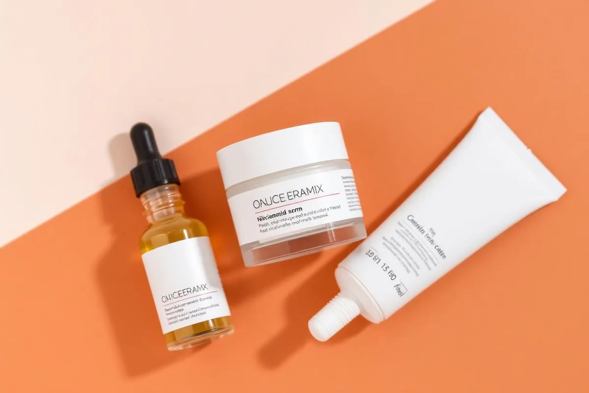 Niacinamide serum, ceramide cream, and mineral sunscreen for a melanin-rich skin routine