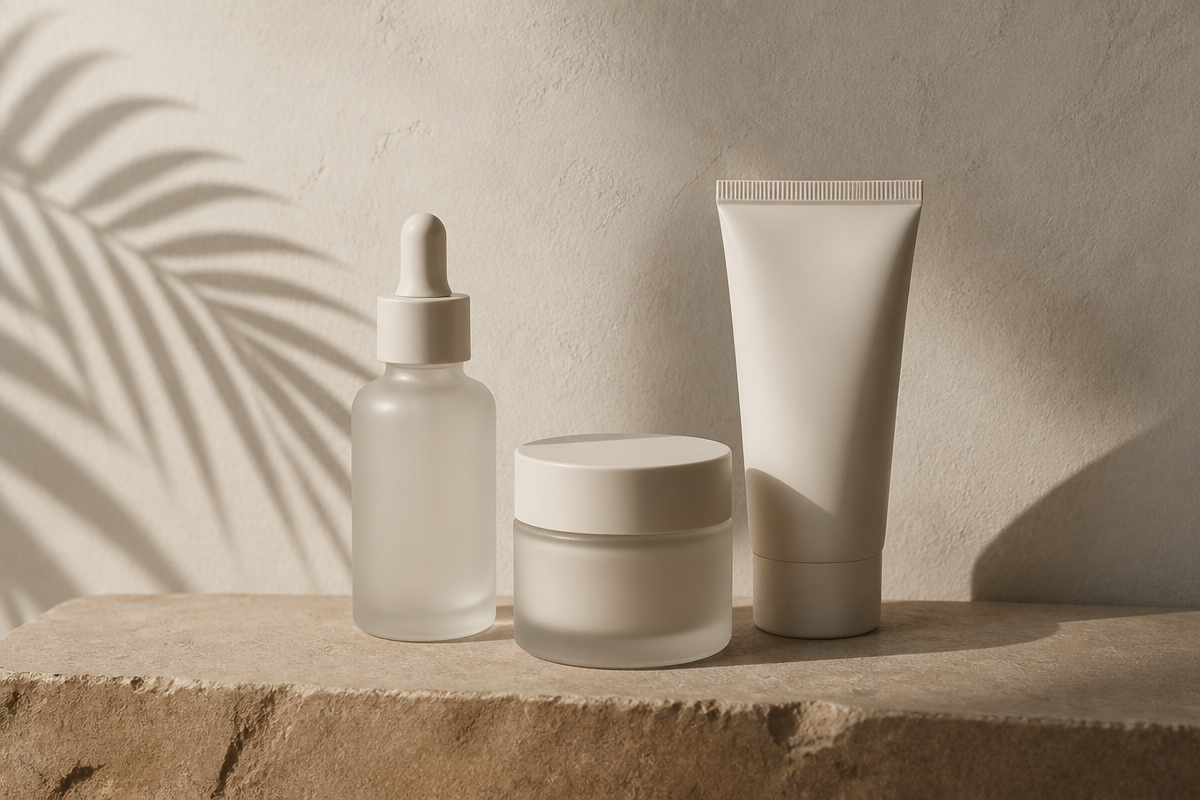 Frosted niacinamide serum and sunscreen on warm clay stone against a cream wall with a soft palm leaf shadow, for melanin-rich skin