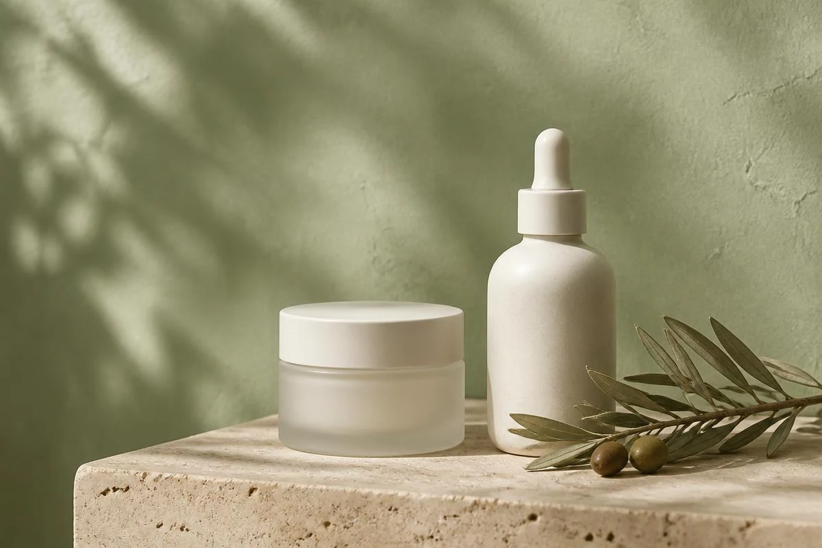 Rich moisturizer jar and hydrating serum on pale sand plaster with an olive sprig, for a dry skin skincare routine