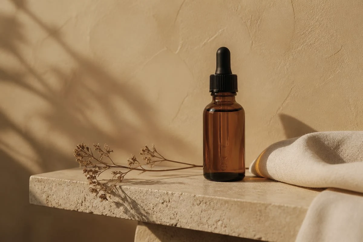 Amber glass glow serum on a travertine ledge with dried stems and cream linen against a soft honey plaster wall, for a brightening routine for dull skin