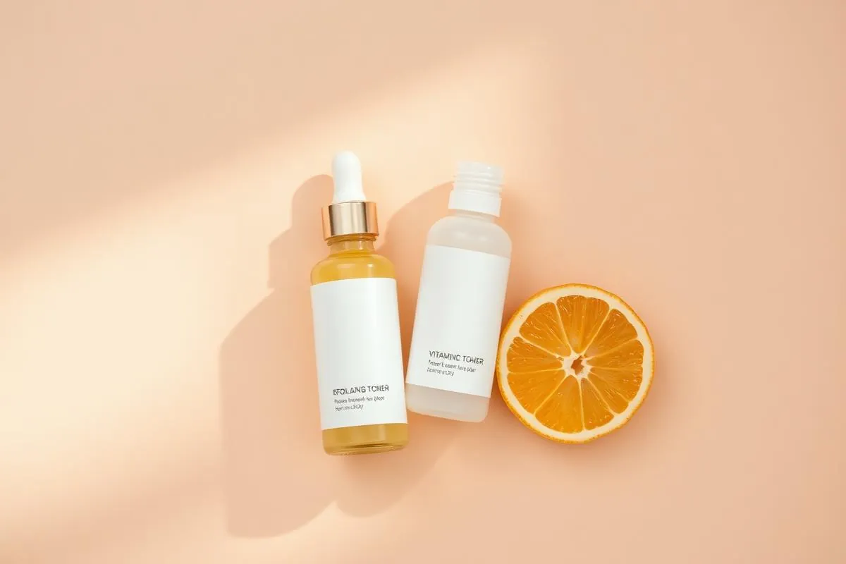 Vitamin C serum and exfoliating toner with fresh citrus for a brightening routine for dull skin