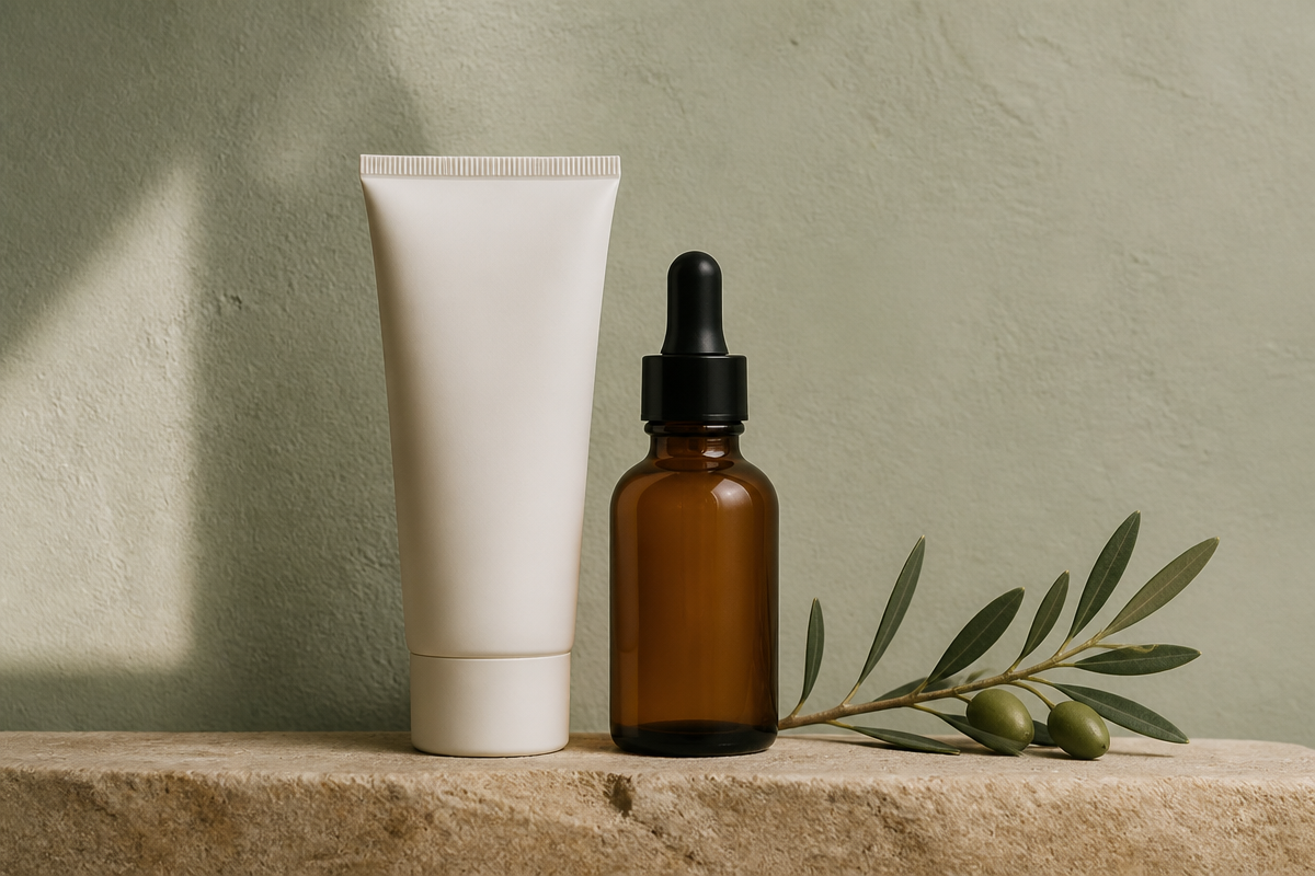 Mineral sunscreen tube and antioxidant serum on a warm sand stone ledge against a soft sage plaster wall for a fair skin routine