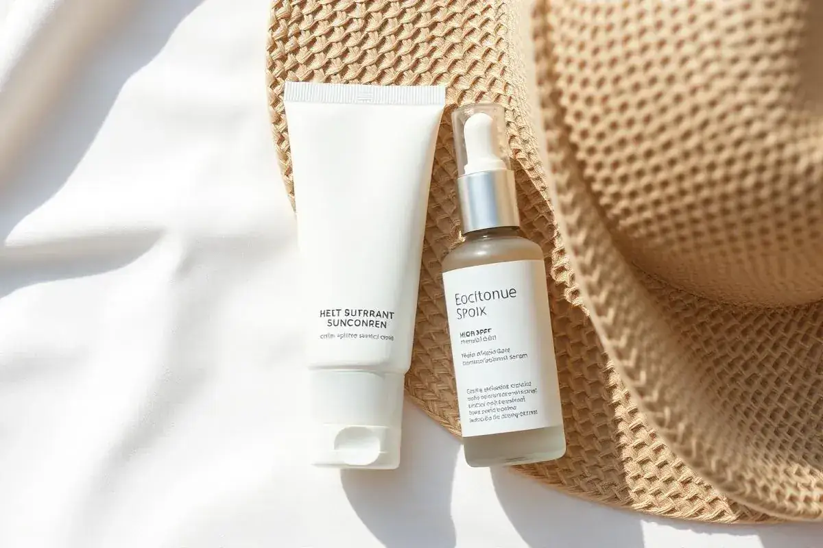 High-SPF mineral sunscreen and antioxidant serum with a sun hat for a fair skin routine