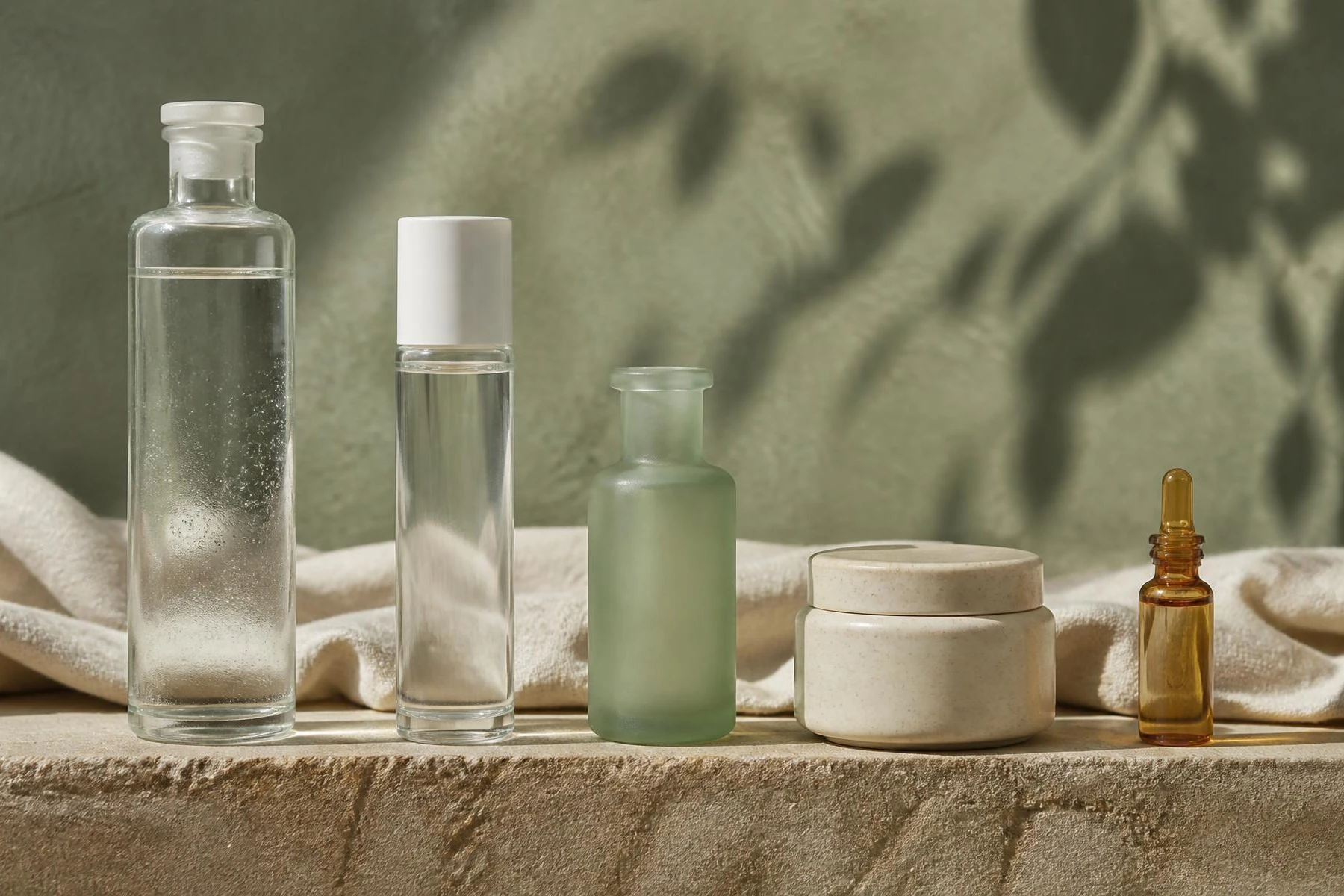Clear glass dropper bottle of hydrating essence beside a ceramic bowl of water on travertine stone against a soft mint wall, for a glass skin routine