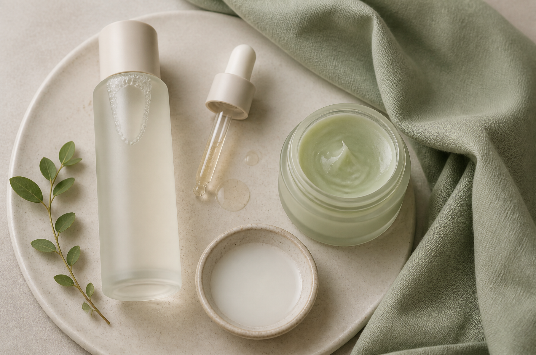 Korean essence bottle, layered serum and sheet mask on a pale stone tray with rice water and centella leaves, showing a K-beauty routine
