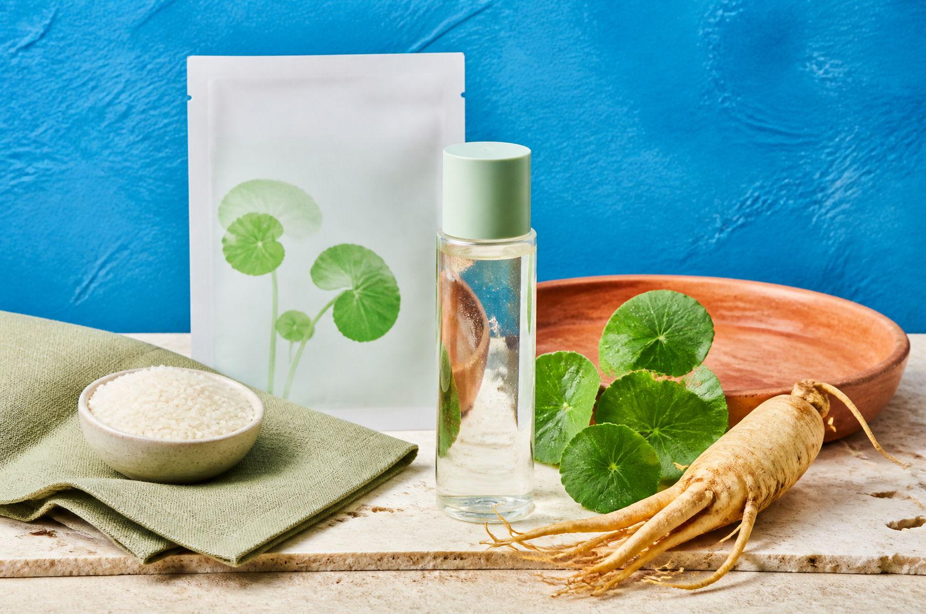 Clear Korean essence bottle, centella sheet mask, bowl of rice and fresh green leaves on travertine against a sky-blue wall, for a Korean skincare guide