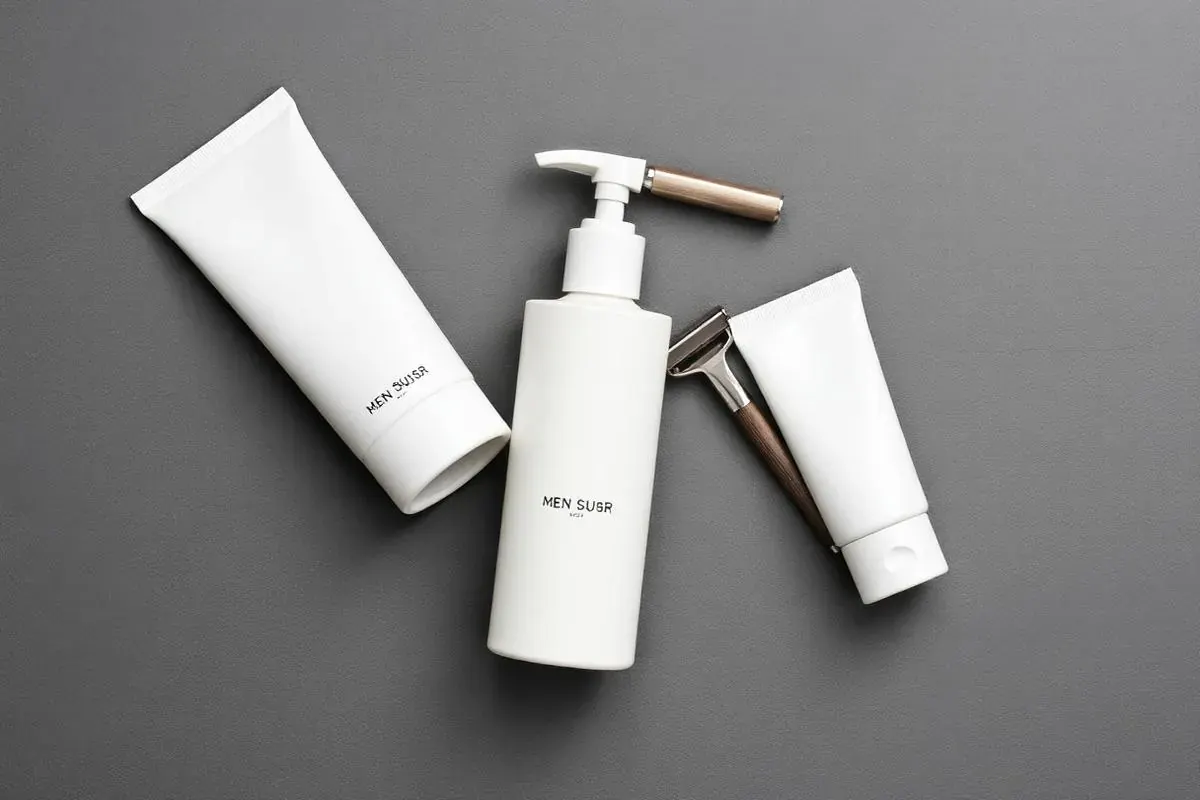 Face wash, post-shave moisturizer, and sunscreen next to a razor for a men's skincare routine