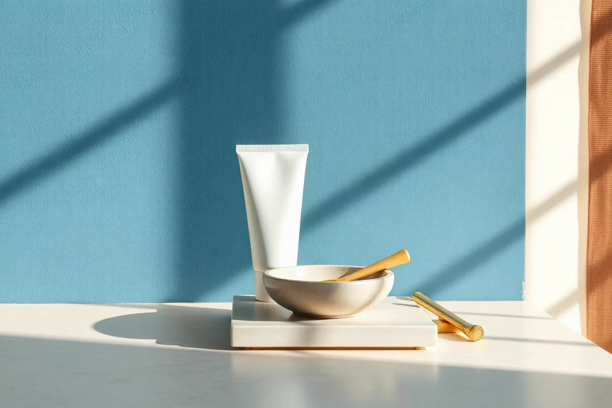 Grey-green face wash tube and a pale moisturizer jar on sand stone against a light slate blue wall, for a men's skincare routine