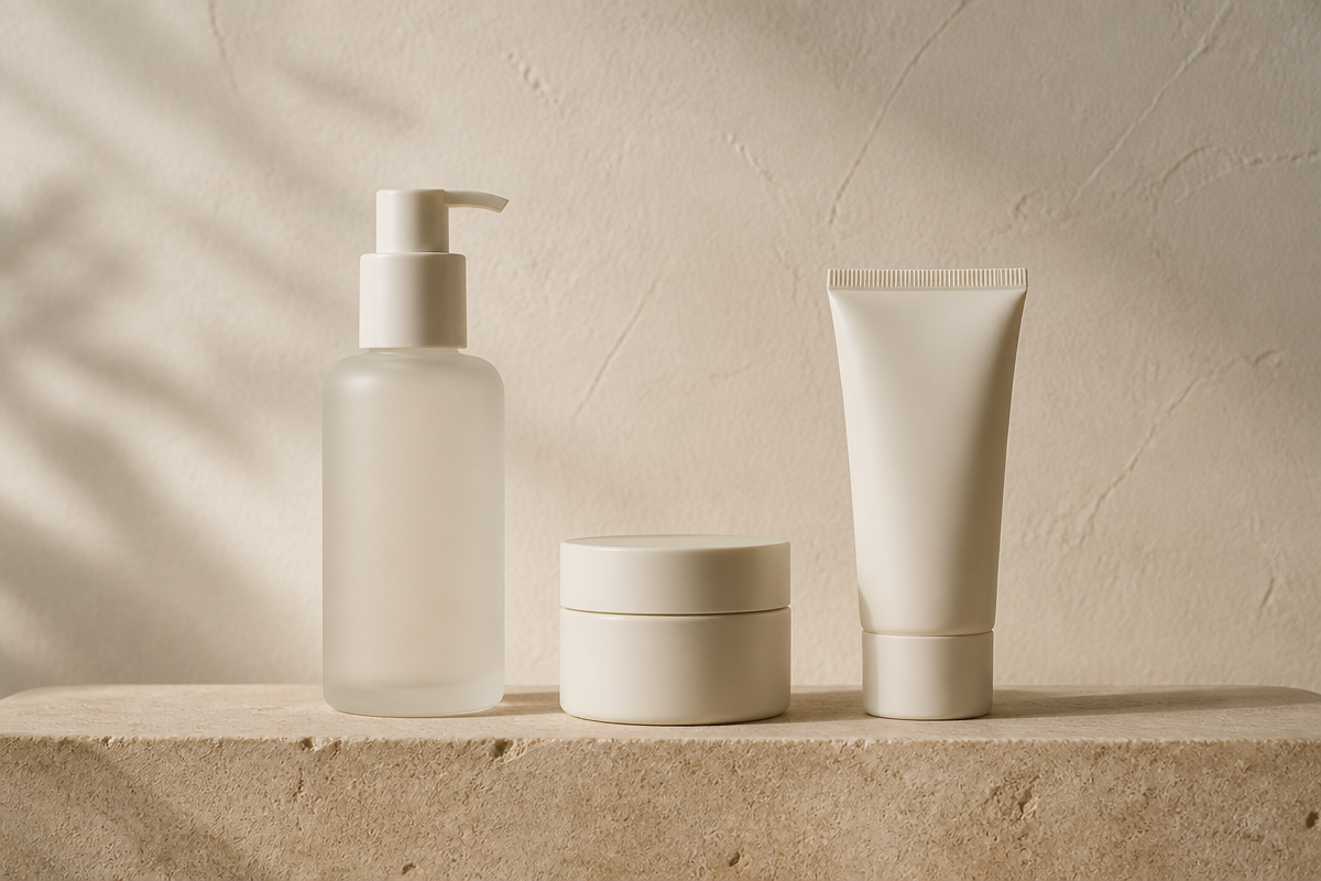 Three unlabeled products — cleanser, moisturizer and sunscreen — on a dusty rose backdrop for a minimalist routine