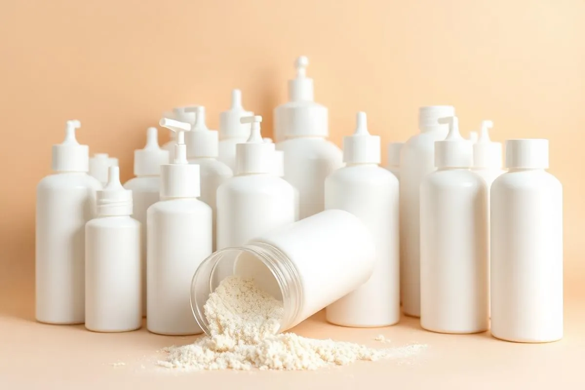 An overcrowded shelf of skincare bottles with a spilled scrub jar, illustrating common skincare routine mistakes