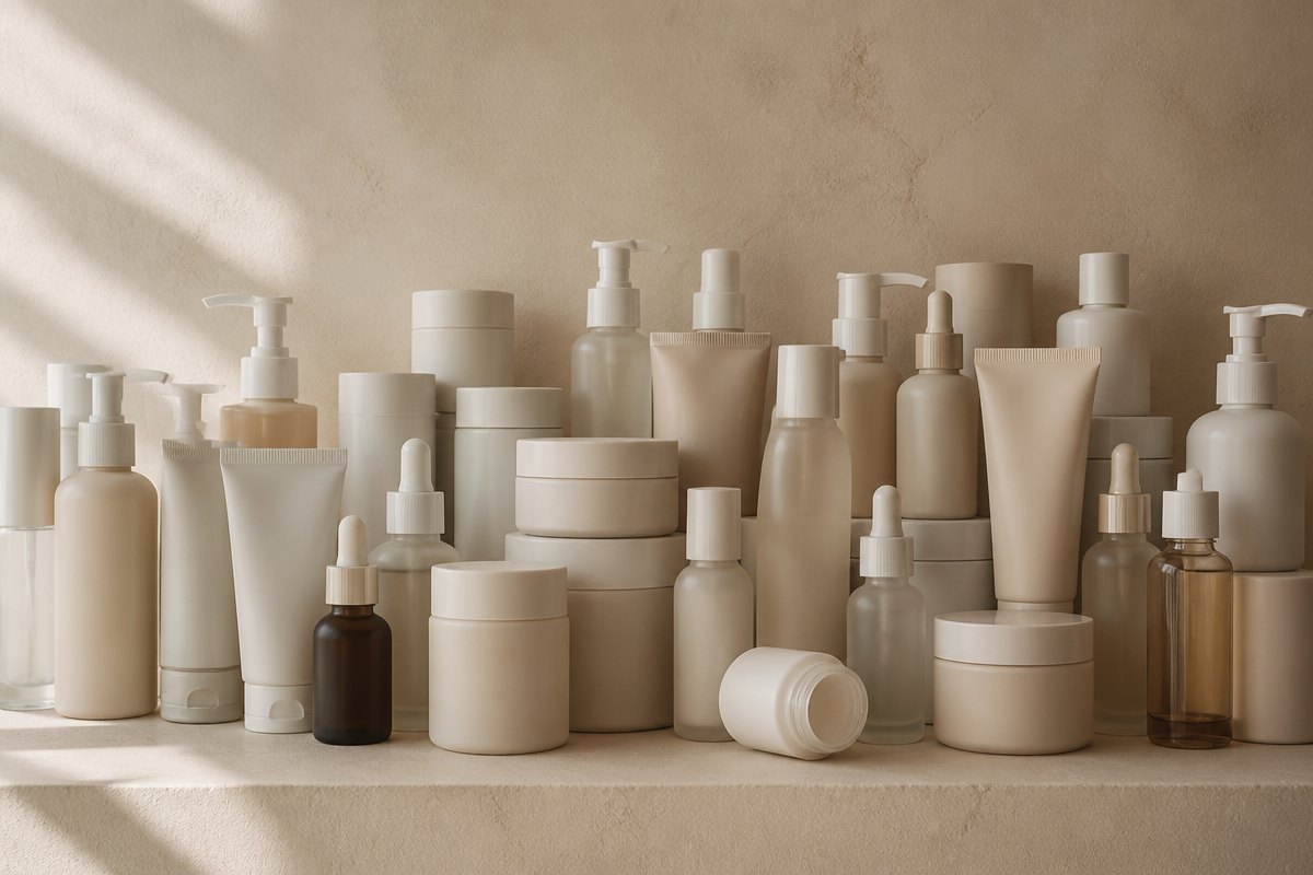 A crowded cluster of unlabelled bottles beside a tidy trio on stone against a warm oat plaster wall, illustrating common routine mistakes