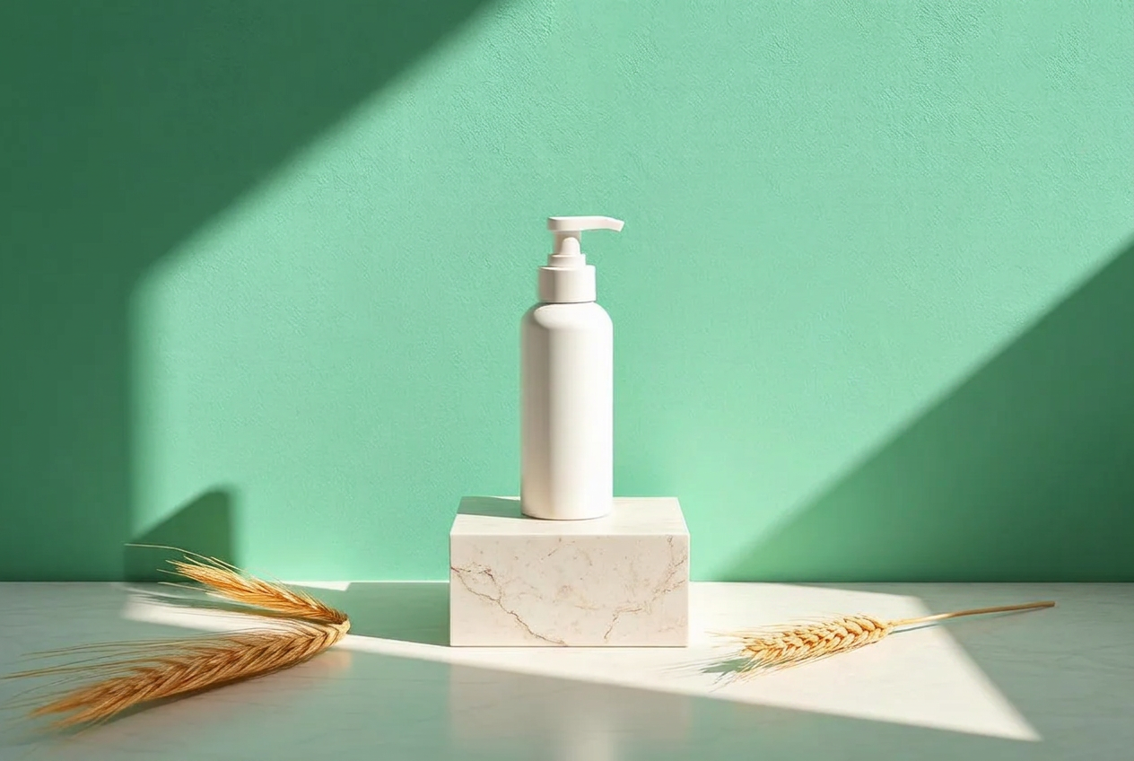 Foaming cleanser set back and a clear gel cleanser brought forward on pale sand stone against a slate blue wall, for oily skin