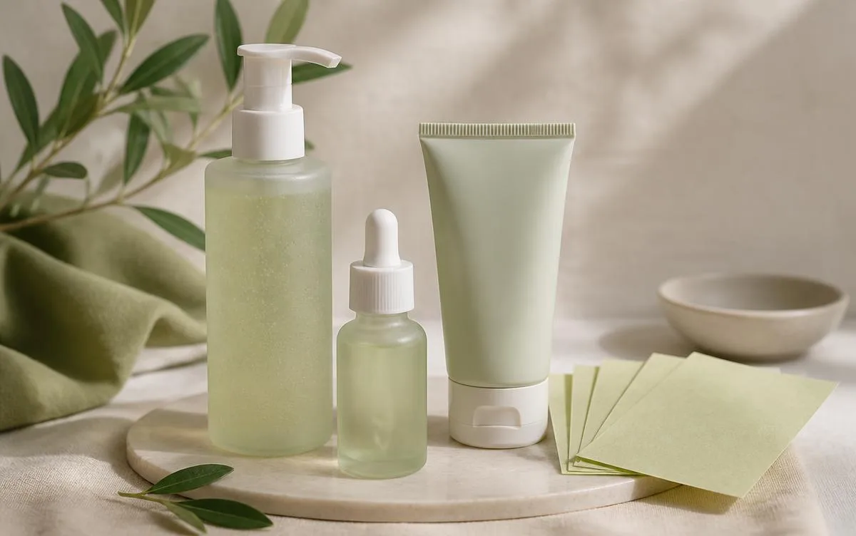 Gentle gel cleanser, lightweight serum, oil-free sunscreen and blotting papers for oily skin