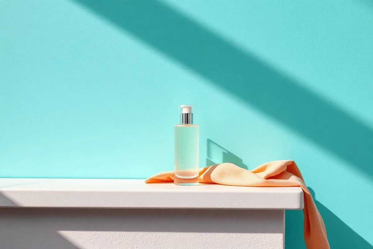 Clear gel cleanser, serum and a sage tube on a pale sand plaster ledge with eucalyptus, for an oily skin skincare routine