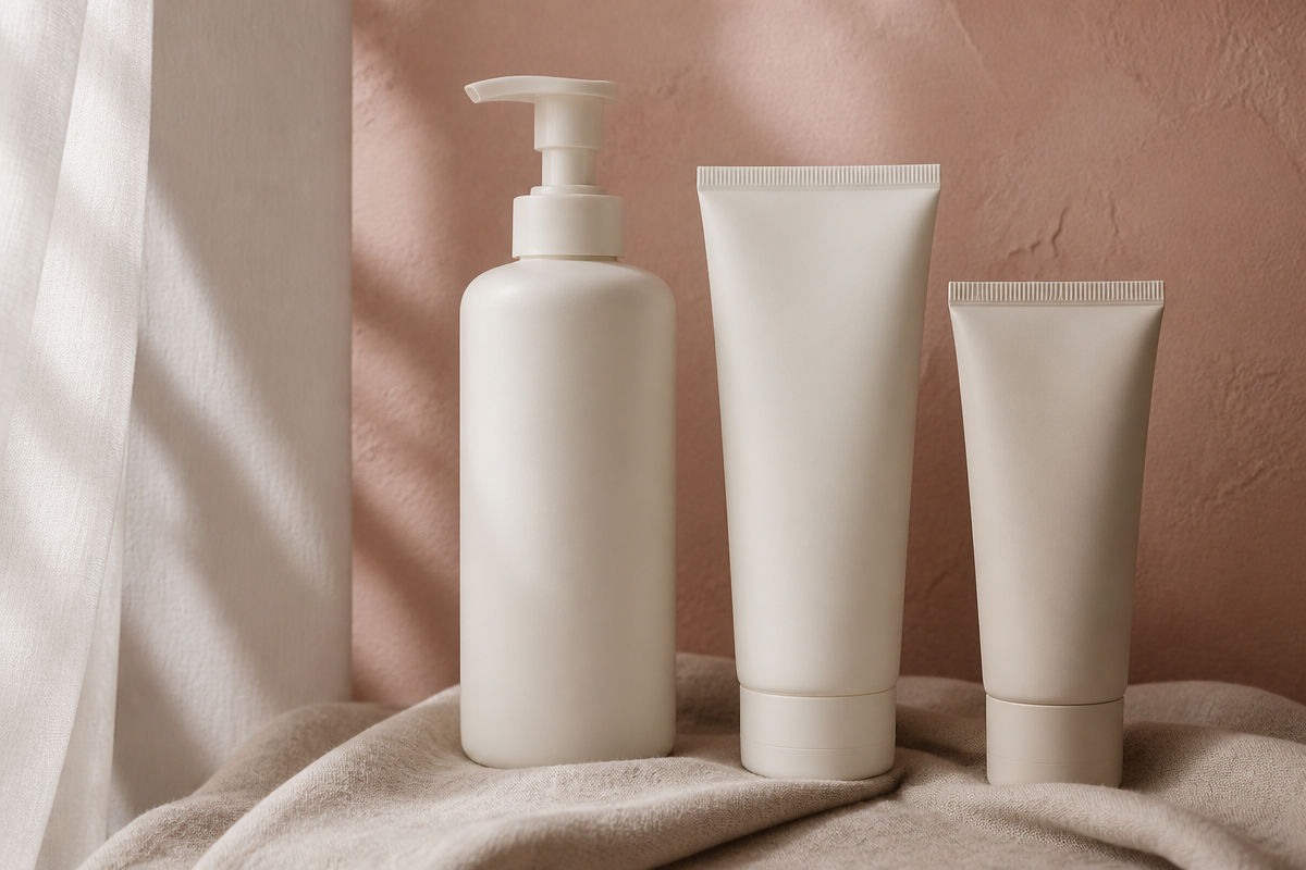 Gentle cleanser and mineral sunscreen on folded oat linen against a soft dusty rose wall, for a pregnancy-safe routine