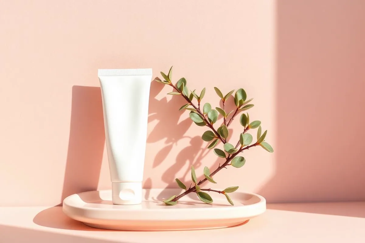 Fragrance-free cream jar with a chamomile flower on a pale stone dish against a soft sage wall, for a calming rosacea routine