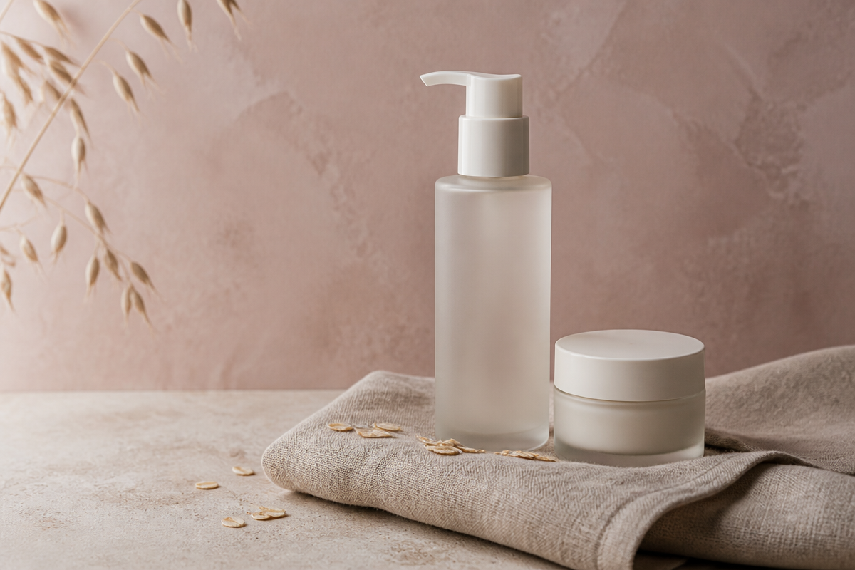Fragrance-free cleanser and barrier cream with scattered oats on a dusty rose backdrop for a sensitive skin routine