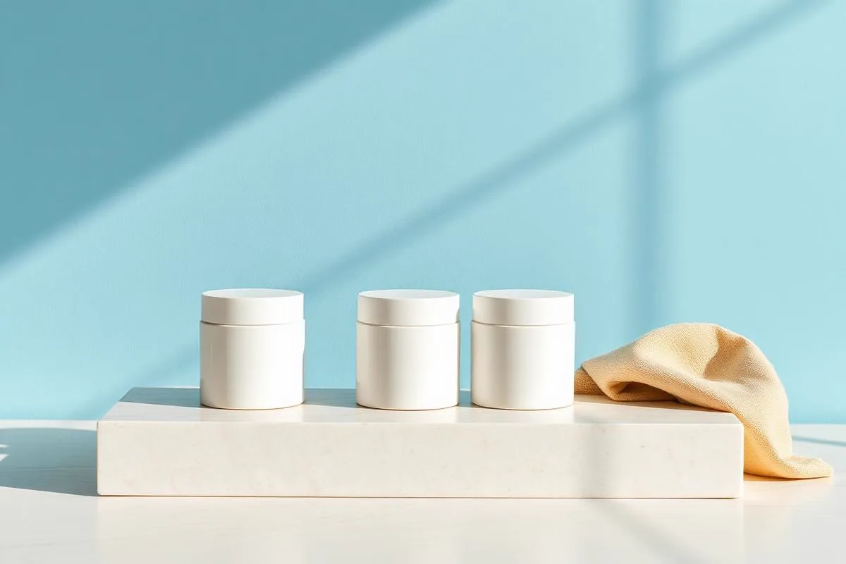 Blotting sheets, a hand mirror and a cleanser on cool slate blue for the at-home skin type test