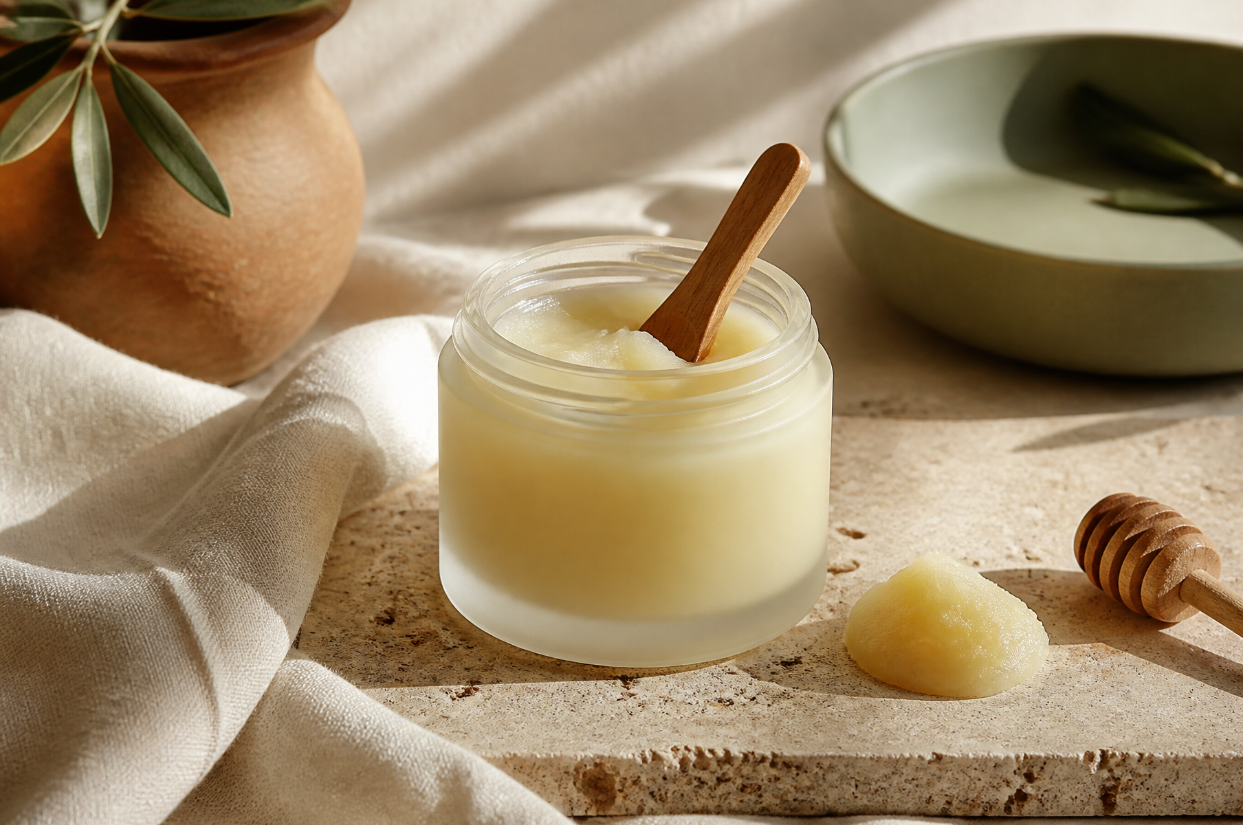 Glass jar of tallow balm with a wooden spoon, rosemary sprig and beeswax on warm travertine with sage linen, for a tallow skincare guide