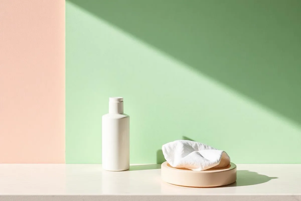 Small foaming cleanser pump and a spot treatment vial on cream stone against a soft blush wall, for a simple teen routine