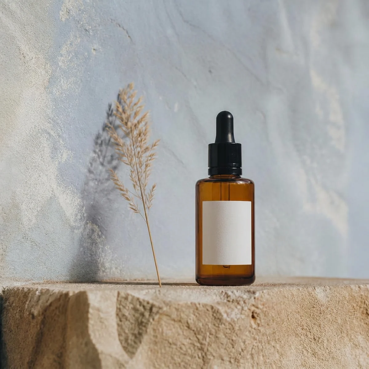 Amber facial oil bottle on a warm sand stone ledge against a soft slate blue plaster wall with a dried grass sprig. Bottle finish: Amber.