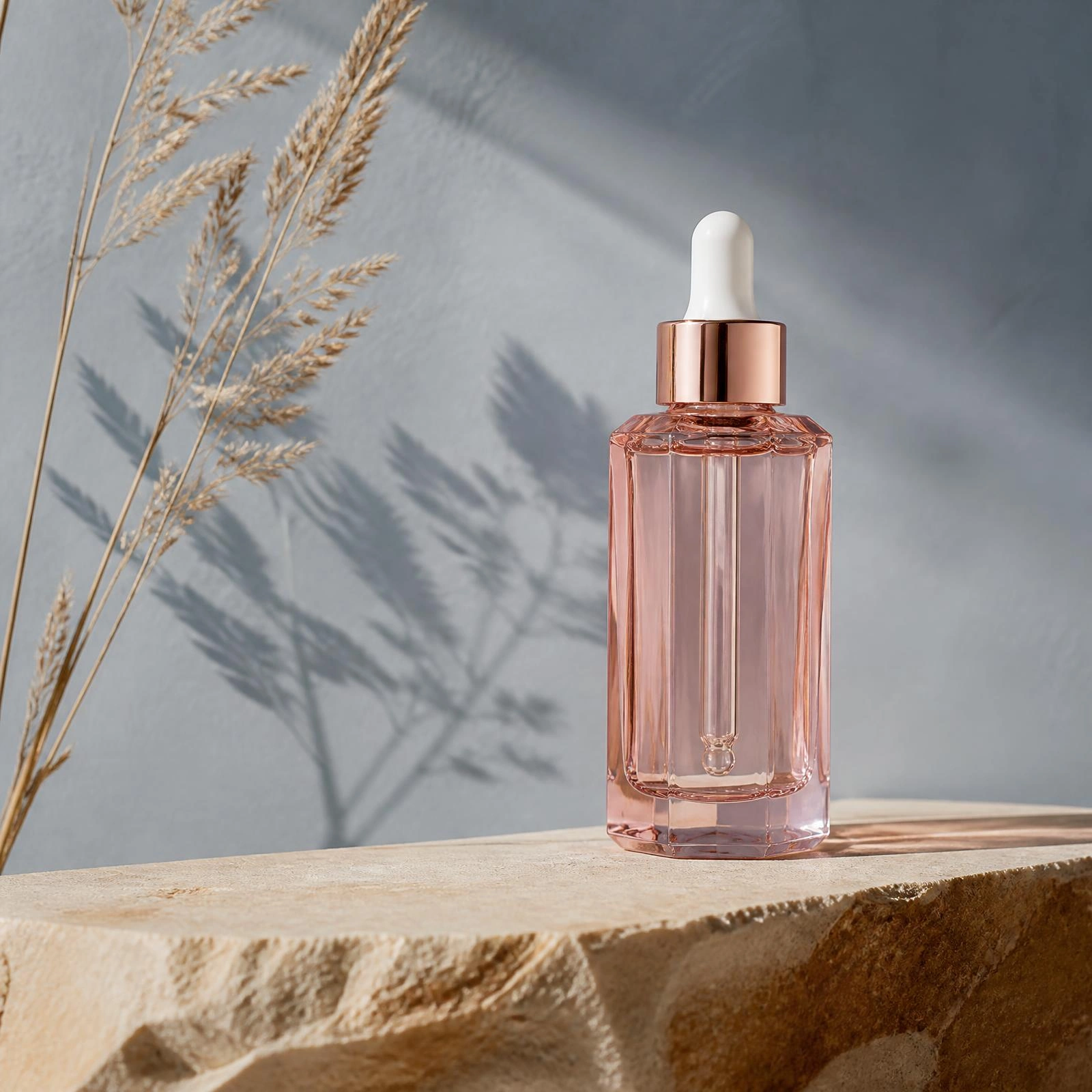 Amber facial oil bottle on a warm sand stone ledge against a soft slate blue plaster wall with a dried grass sprig. Bottle finish: Blush glass.