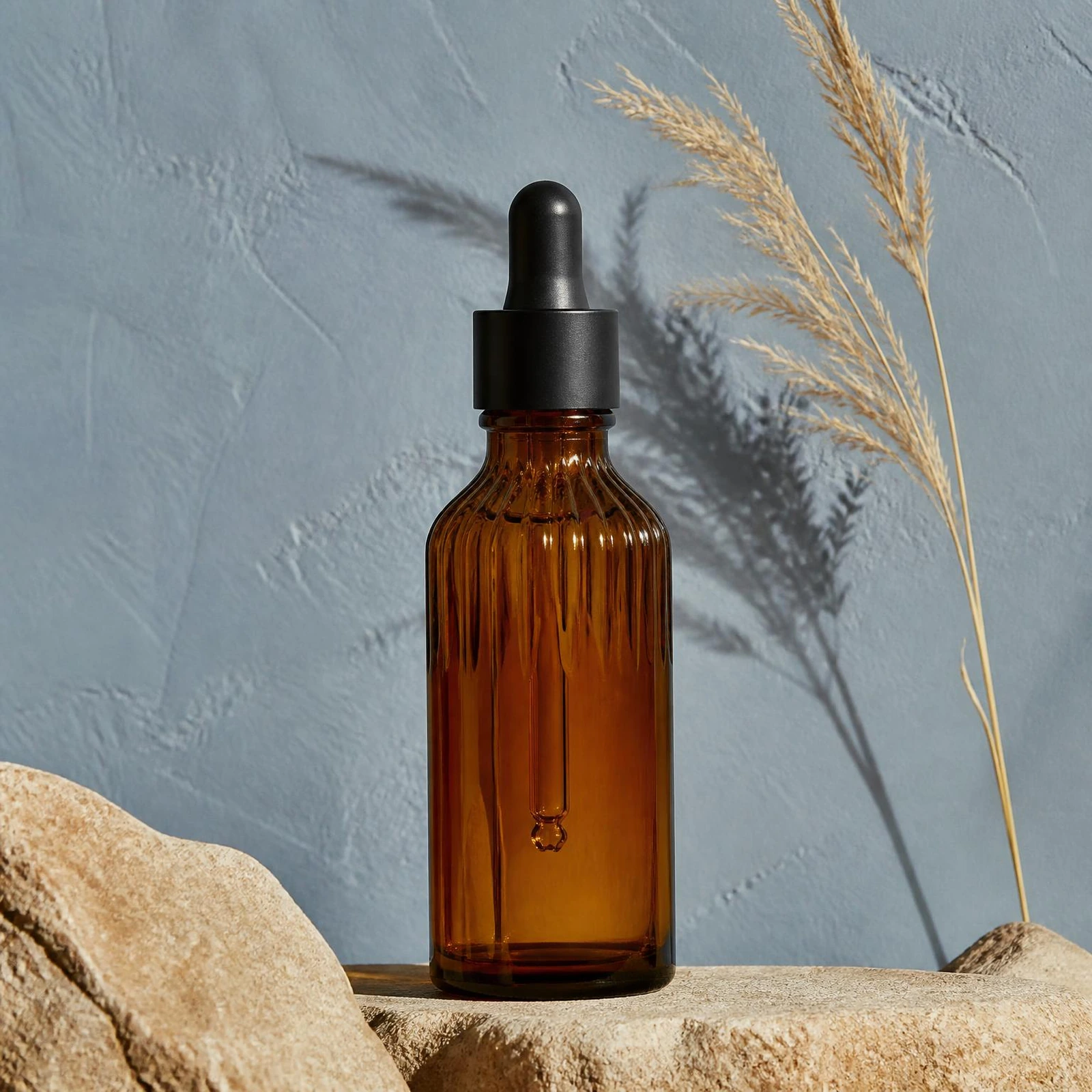 Amber facial oil bottle on a warm sand stone ledge against a soft slate blue plaster wall with a dried grass sprig. Bottle finish: Amber.