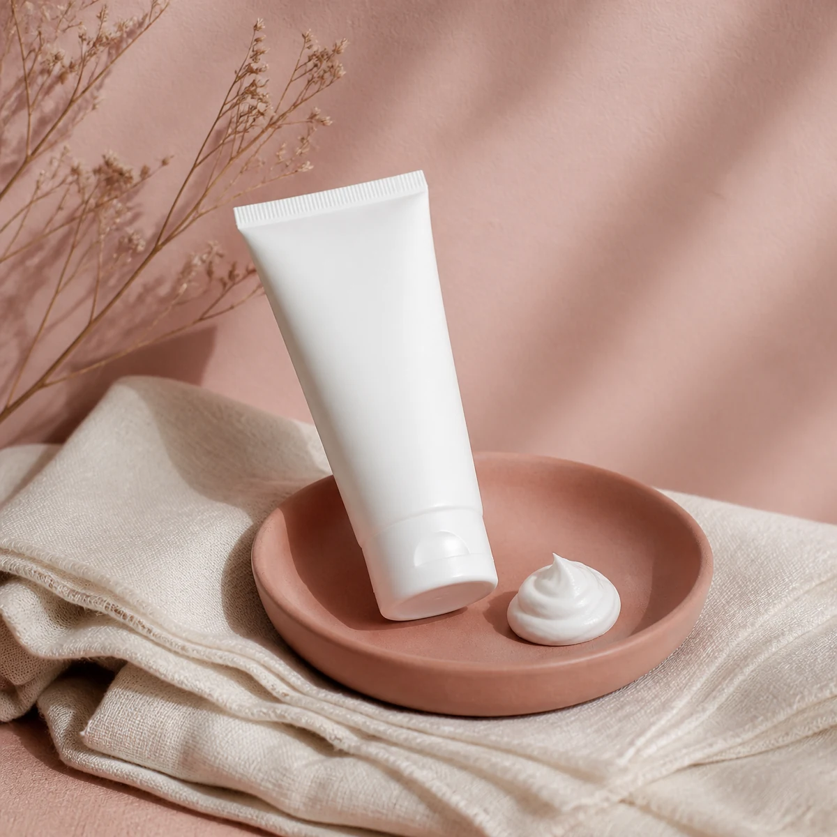Previous hero frame: white moisturizer tube in a clay dish on cream linen