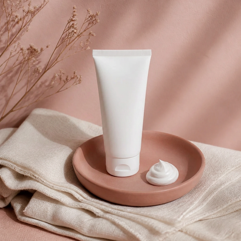 Previous hero frame: white moisturizer tube in a clay dish on cream linen