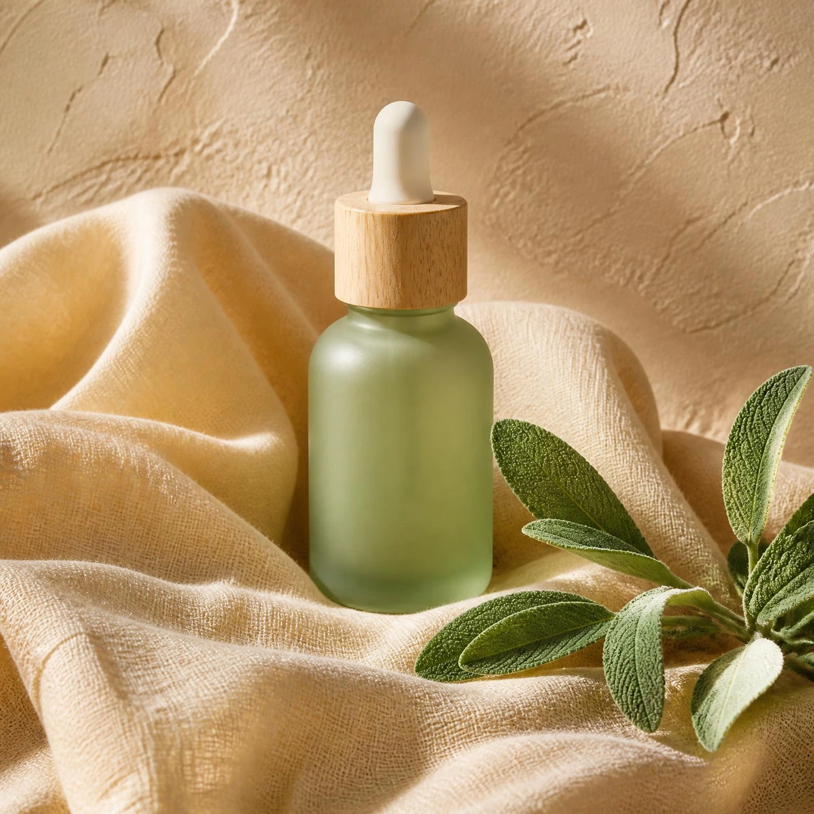 Frosted glass dropper bottle on folded butter yellow linen with a sage sprig against a warm oat plaster wall. Bottle finish: Frosted.