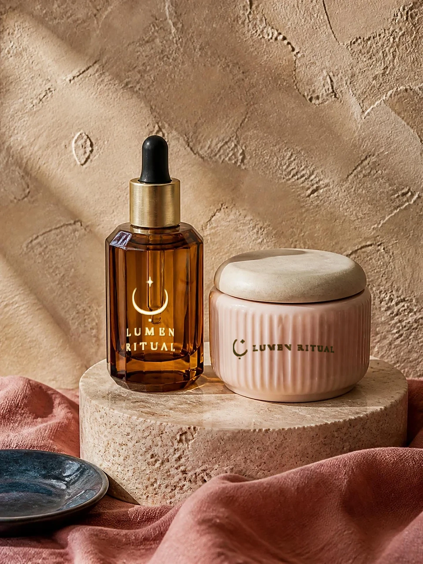 Skincare still life: amber serum dropper bottle and pale blush cream jar on a honed travertine plinth, warm sand plaster wall, dusty rose linen and a slate blue dish. Bottle finish: Amber + blush. — skincare routine quiz