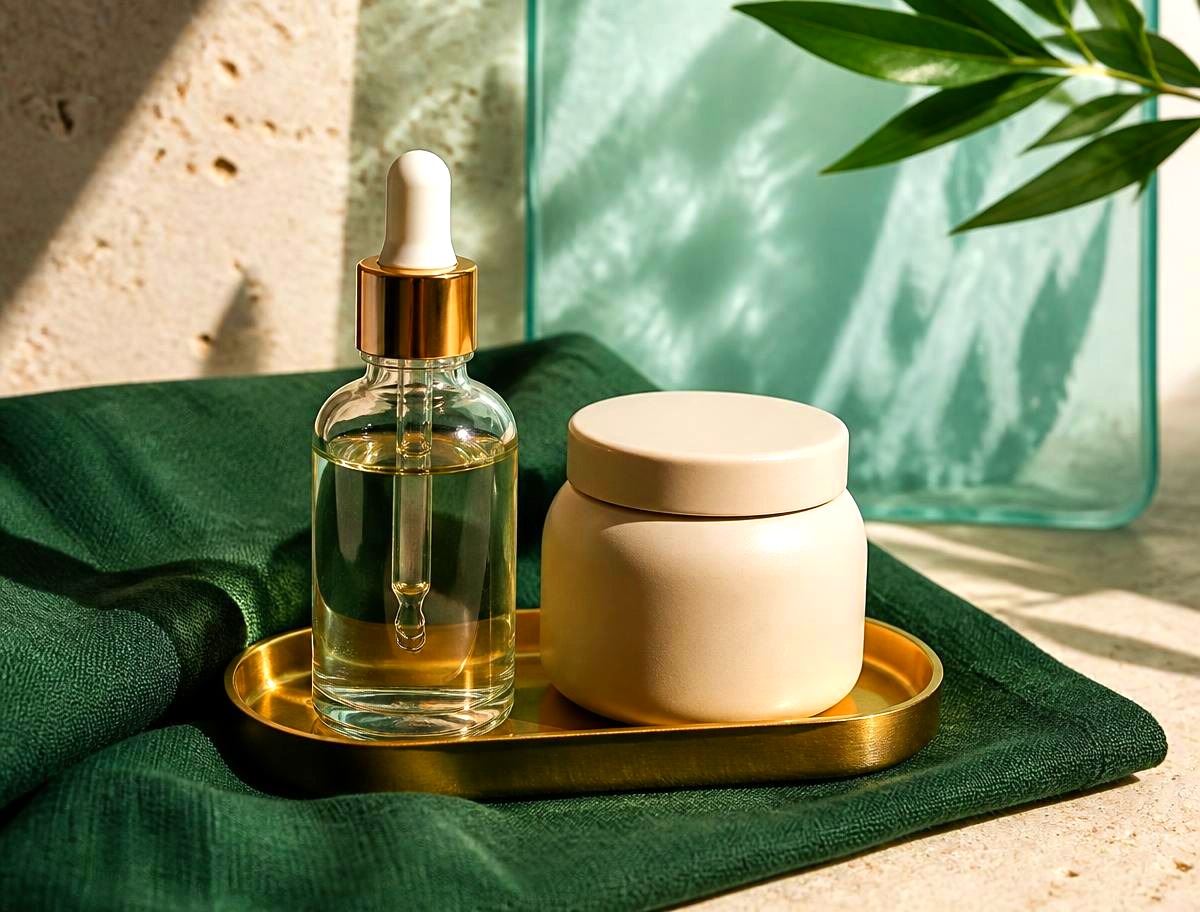 Clear glass dropper bottle with a gold collar and a matte cream jar on cream linen in soft morning light, with a deep green cloth and a brushed gold tray