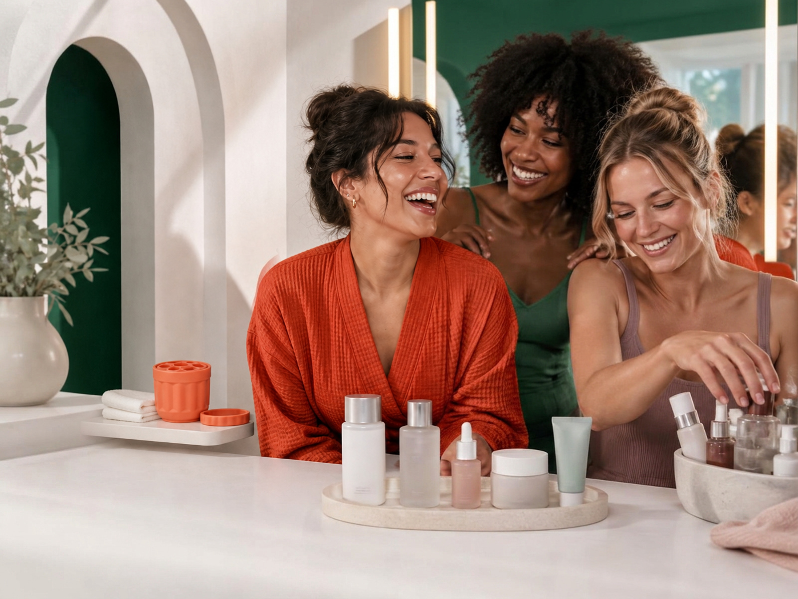 Three friends simplify an overflowing bathroom shelf, arranging five skincare essentials under soft mirror lights