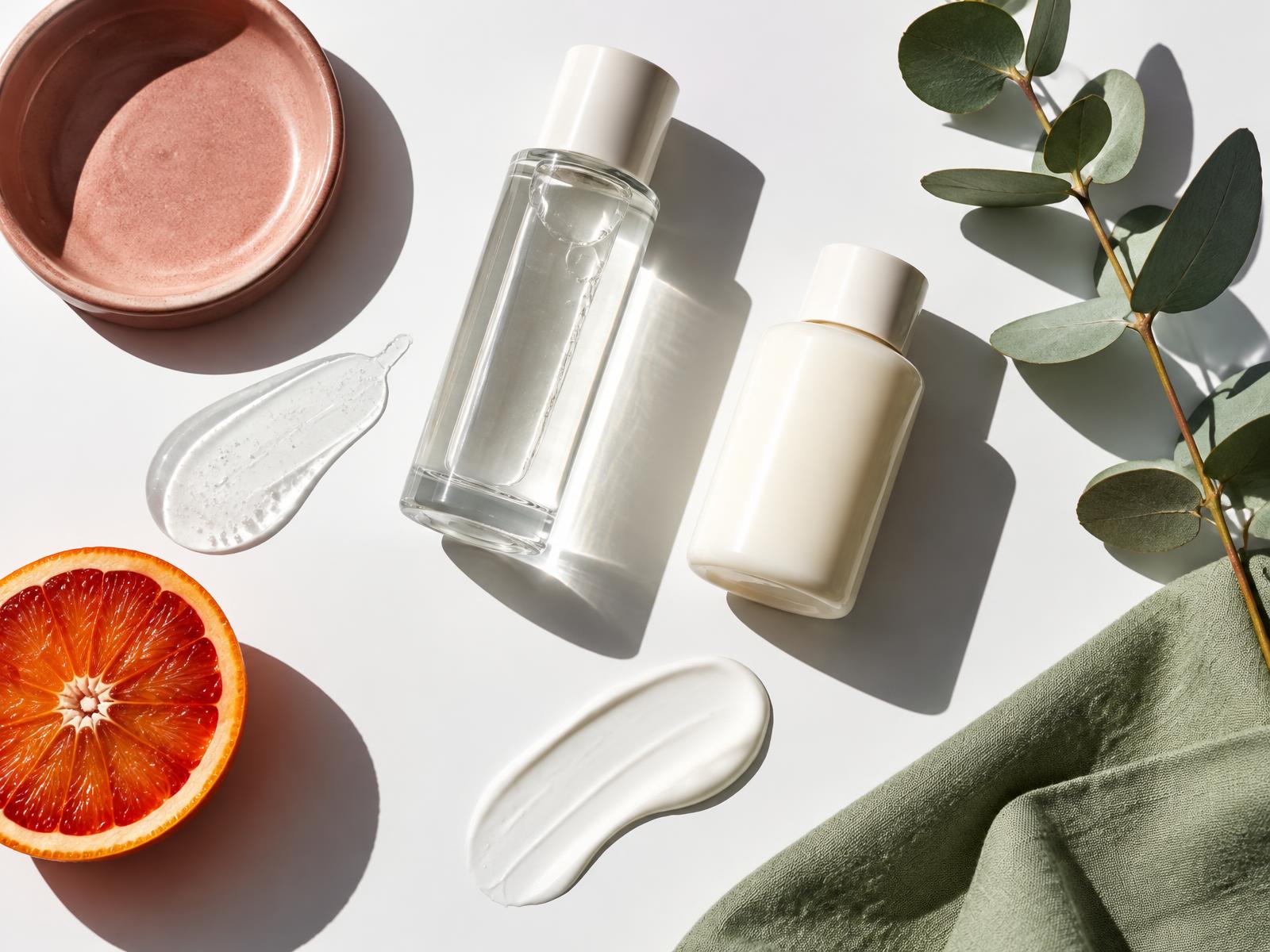 Sunlit flat lay of two unlabeled bottles, a gel swipe, a cream swipe, blood orange, rose clay dish and sage linen on white