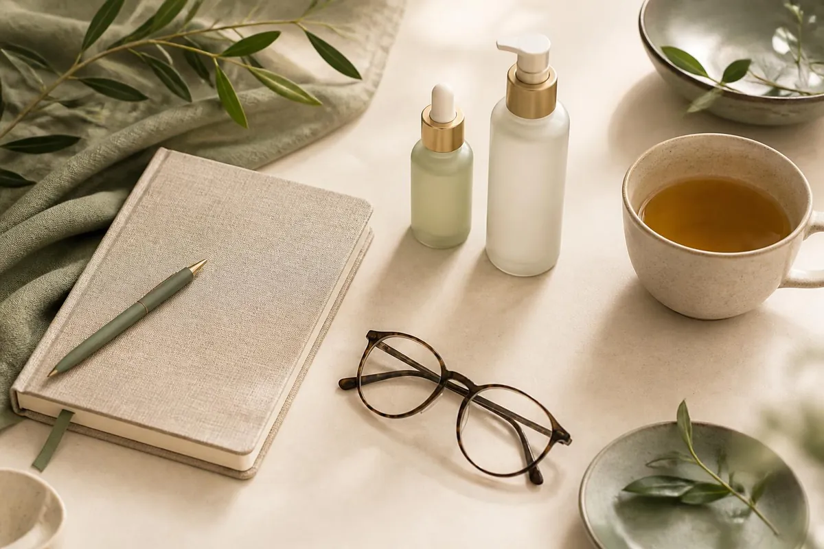 Linen notebook, reading glasses, tea and two unlabeled skincare bottles on a cream desk