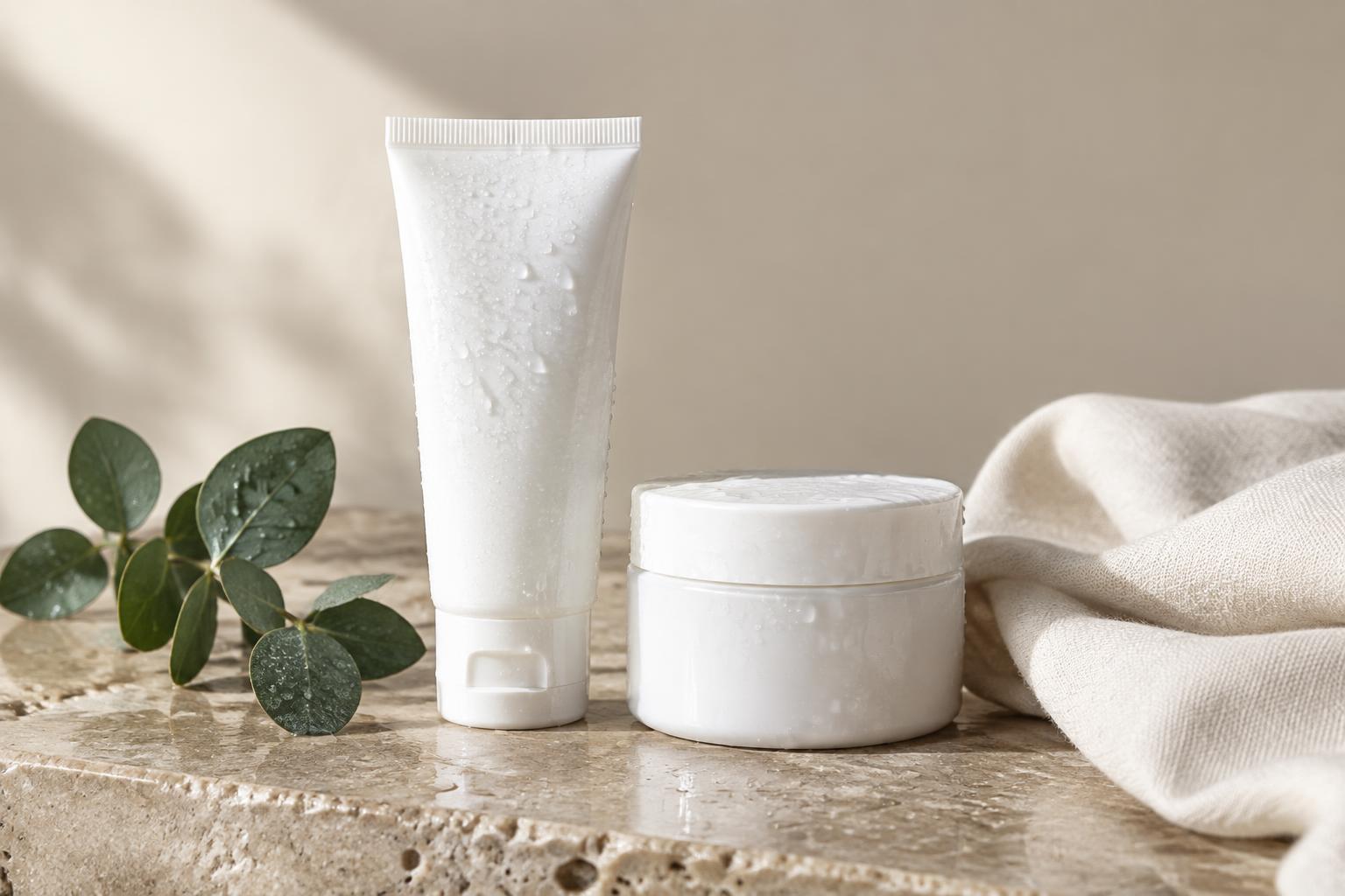 A dewy cream cleanser and a ceramide moisturizer on wet travertine beside a folded linen cloth, soft daylight