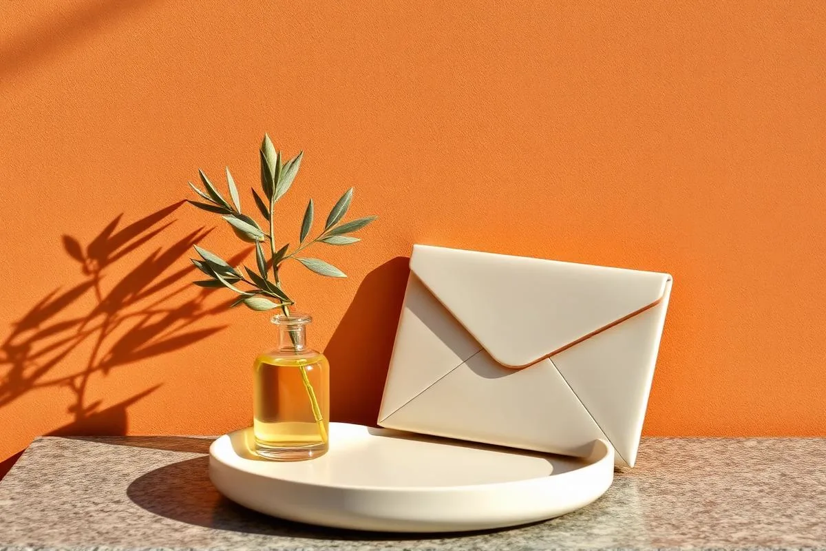 Cream envelope and brass pen on sage linen beside a ceramic dish and an olive sprig